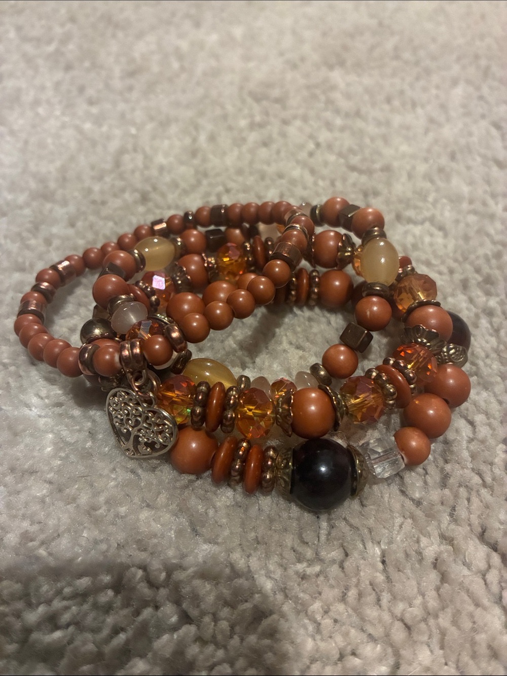 Handmade Brown and Amber Beaded Wrap Bracelet with Heart Charm